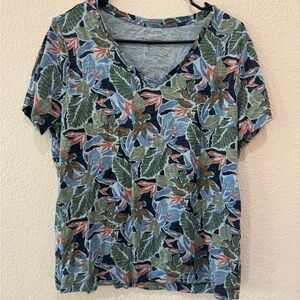 L.L. Bean Tropical Leaf V-Neck Short Sleeve Tee